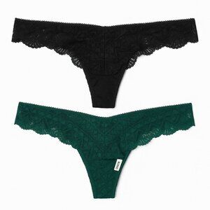 Etam French Lace Thongs Black & Green Size M (2 Pack)